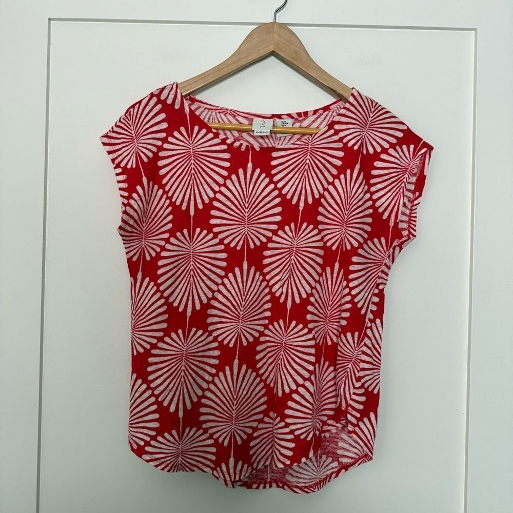 Joie Top Womens Sz M Red Tropical Print Short Sleeve 100% Linen Beach Summer